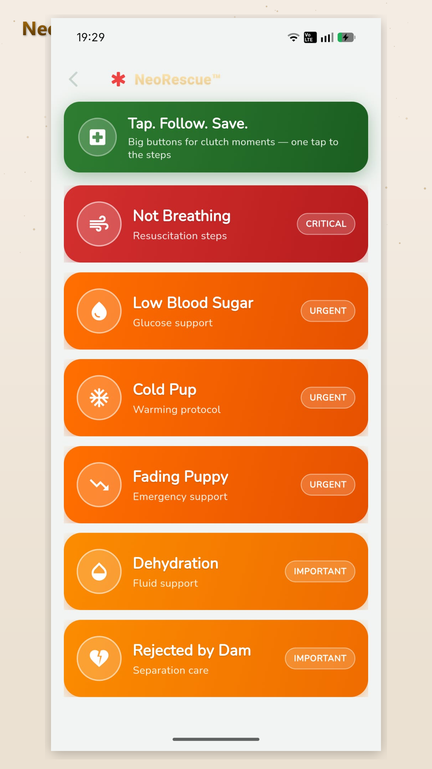 NeoRescue emergency screen showing one-tap walkthroughs for Not Breathing, Cold Pup, Fading Puppy, Low Blood Sugar, Dehydration, and Rejected by Dam