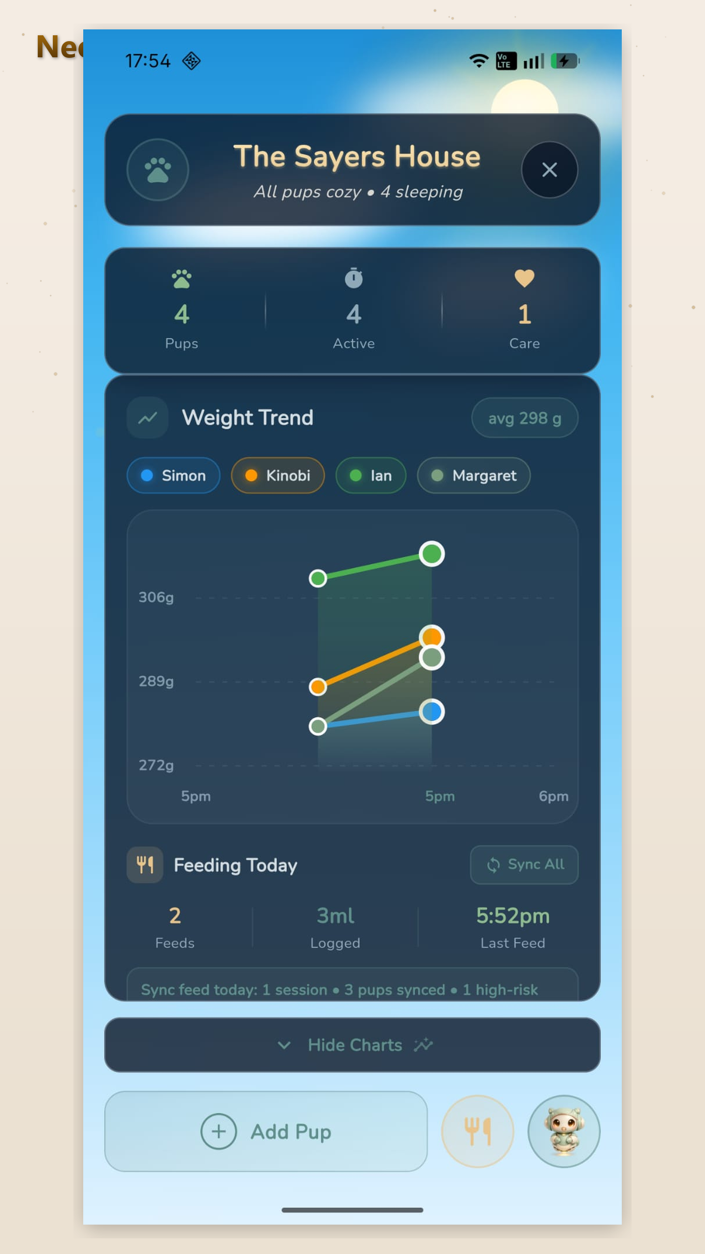 The Nest screen showing weight trends, feeding times, and per-pup tracking for a litter